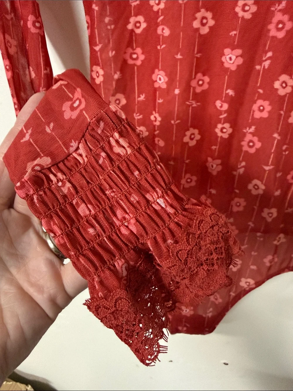Free People Red pink Sheer Floral Long-Sleeve Bodysuit